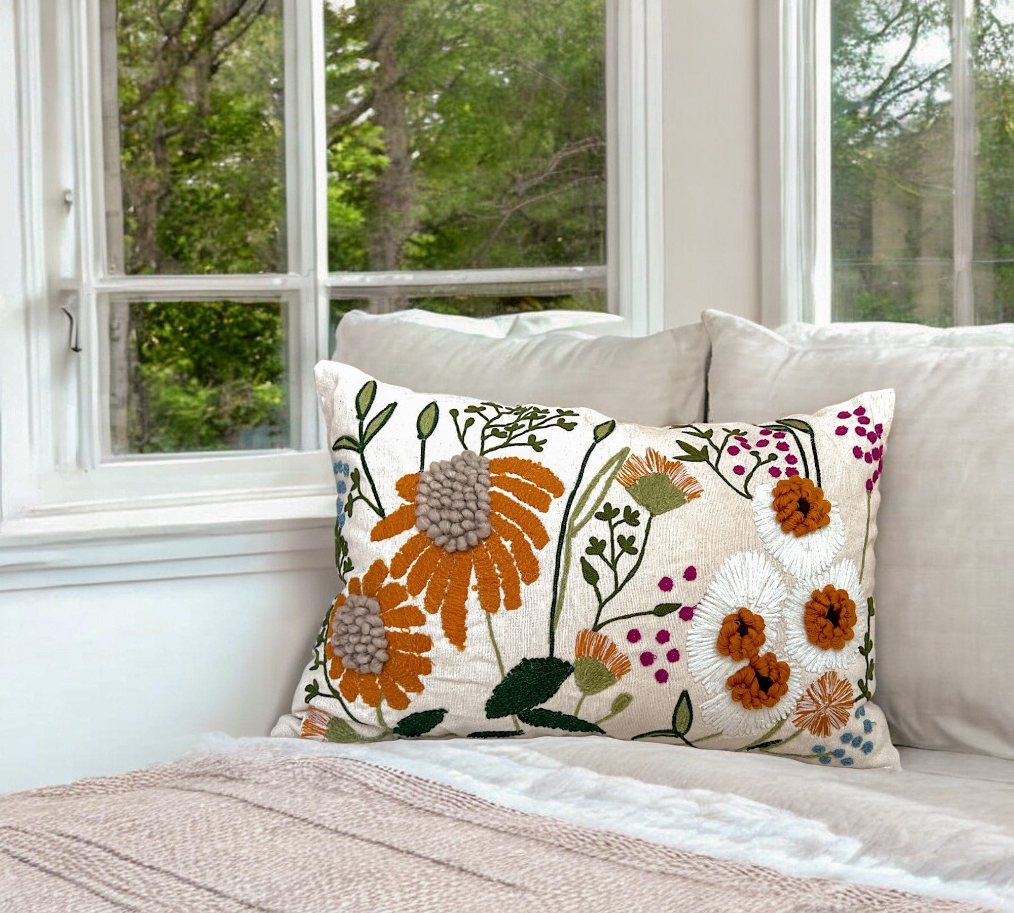 16" x 24" Oversized Floral Embroidered Throw Pillow Cover Sham